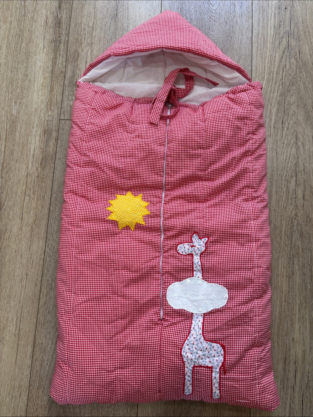 Red Gingham Baby Sleeping Bag with Giraffe Appliqué